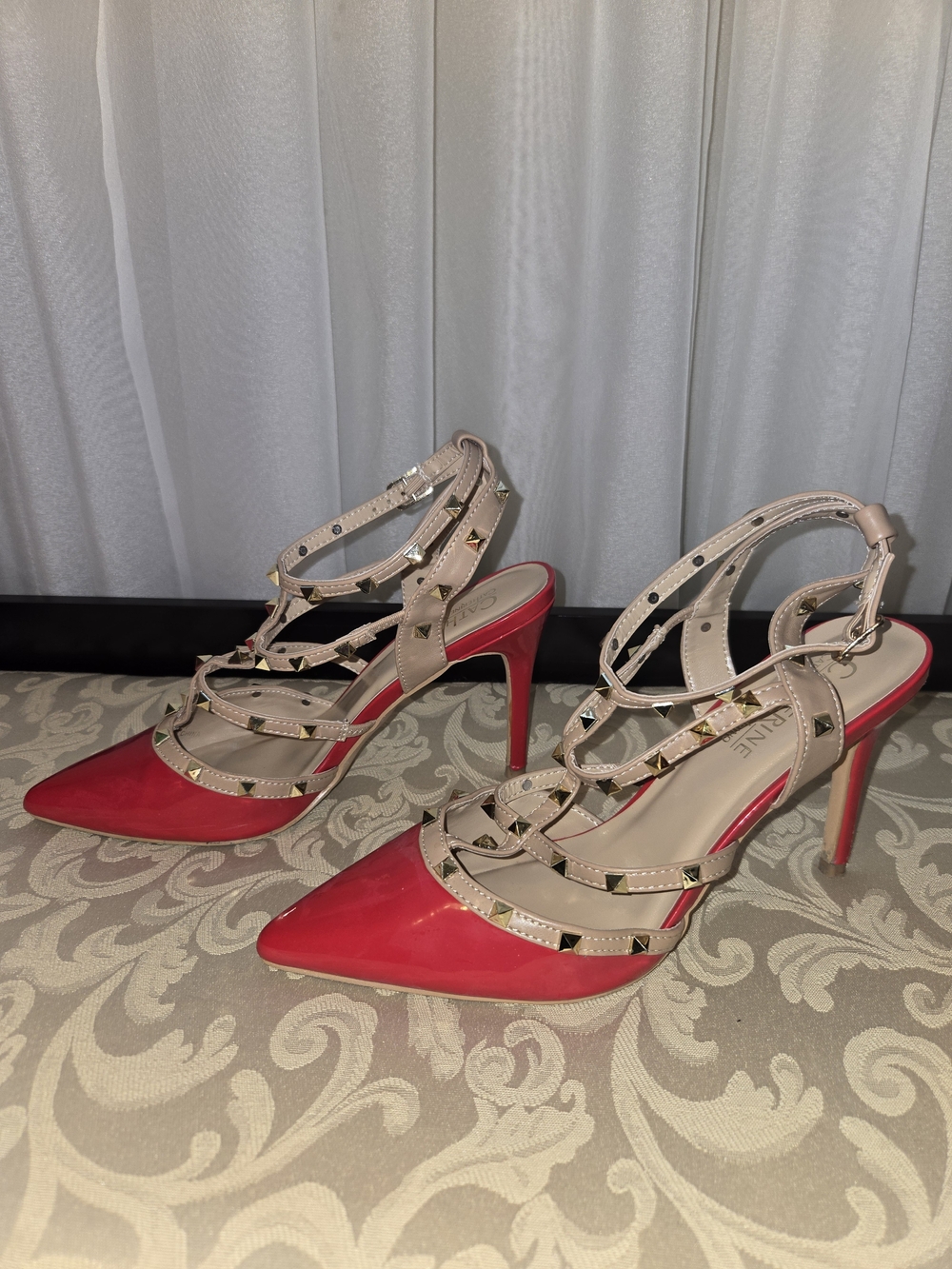 Studded Strappy Pointed-Toe Heels in Red and Nude - Picture 6 of 11